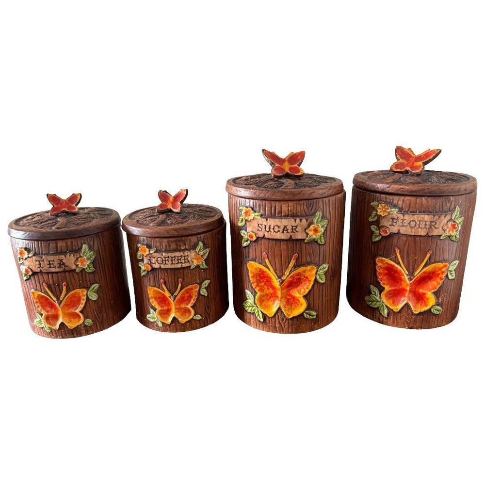 Vintage 1970s Treasure Craft Butterfly Canister Set 4 Pc Flour Sugar Coffee Tea